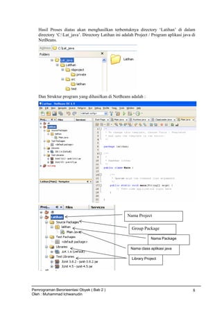 Hasil Proses diatas akan menghasilkan terbentuknya directory ‘Latihan’ di dalam
directory ‘C:Lat_java’. Directory Latihan ini adalah Project / Program aplikasi java di
NetBeans.
Dan Struktur program yang dihasilkan di NetBeans adalah :
Nama Project
Group Package
Nama Package
Nama class aplikasi java
Library Project
Pemrograman Berorieentasi Obyek ( Bab 2 )
Oleh : Muhammad Ichwanudin
8
 