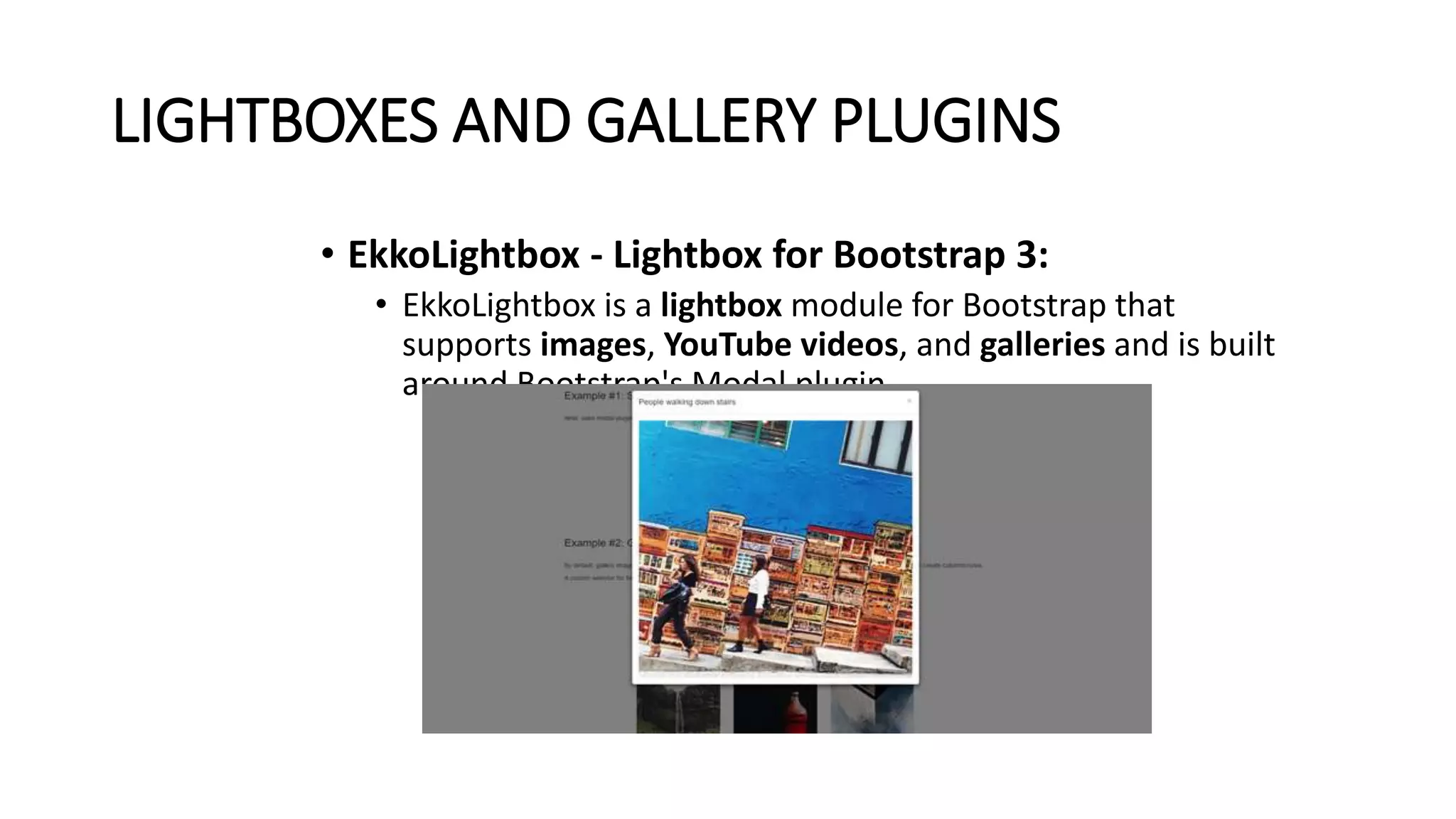 LIGHTBOXES AND GALLERY PLUGINS
• EkkoLightbox - Lightbox for Bootstrap 3:
• EkkoLightbox is a lightbox module for Bootstrap that
supports images, YouTube videos, and galleries and is built
around Bootstrap's Modal plugin.
 