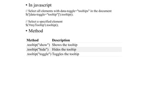 • In javascript
// Select all elements with data-toggle="tooltips" in the document
$('[data-toggle="tooltip"]').tooltip();
// Select a specified element
$('#myTooltip').tooltip();
• Method
Method Description
.tooltip("show") Shows the tooltip
.tooltip("hide") Hides the tooltip
.tooltip("toggle") Toggles the tooltip
 