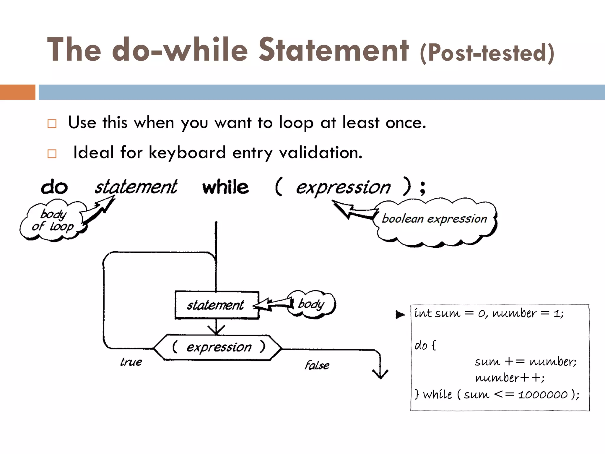 The do-while Statement (Post-tested)
   Use this when you want to loop at least once.
   Ideal for keyboard entry validation.




                                               int sum = 0, number = 1;

                                               do {
                                                           sum += number;
                                                           number++;
                                               } while ( sum <= 1000000 );
 