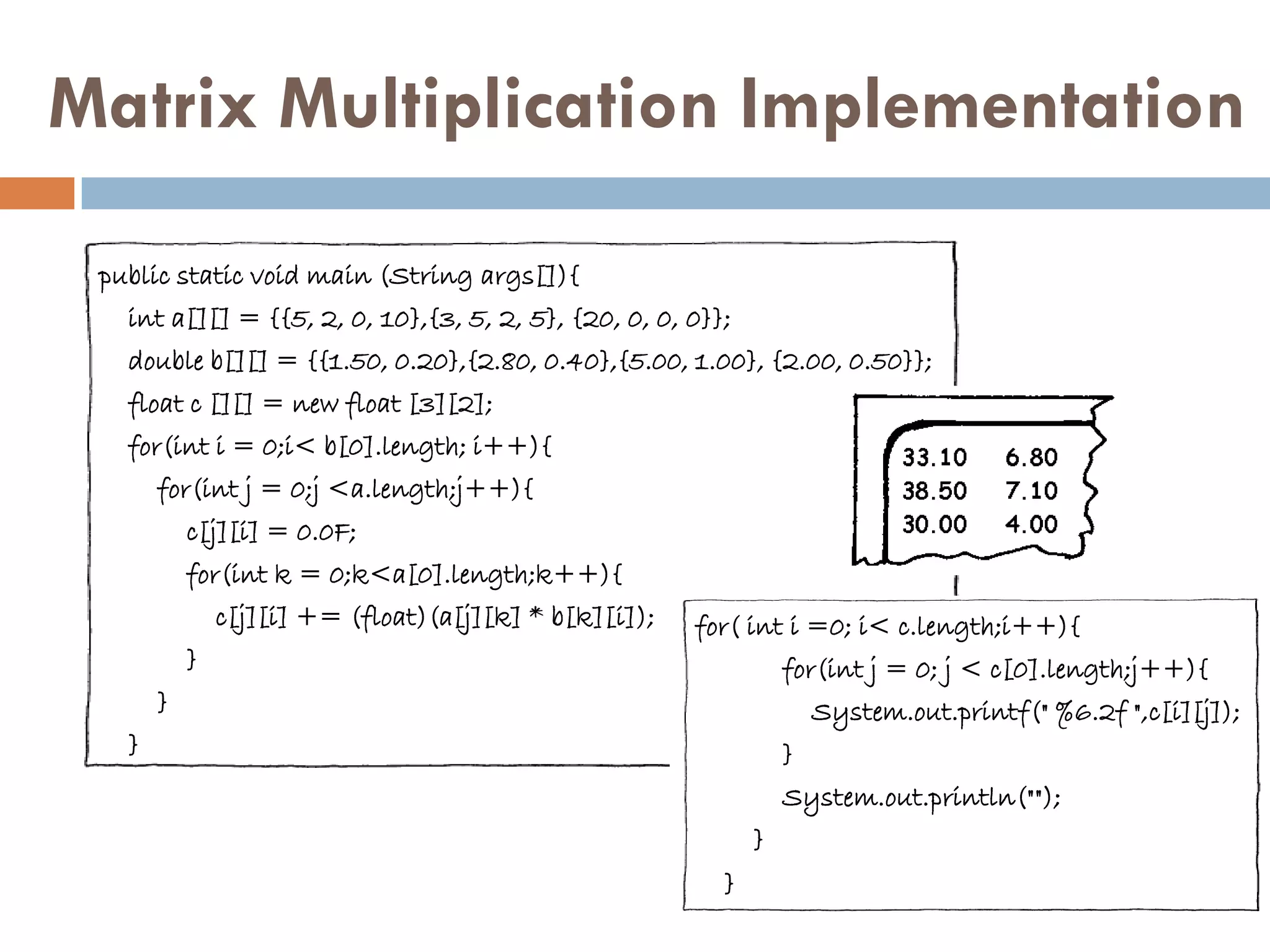 Matrix Multiplication Implementation

 public static void main (String args[]){
   int a[][] = {{5, 2, 0, 10},{3, 5, 2, 5}, {20, 0, 0, 0}};
   double b[][] = {{1.50, 0.20},{2.80, 0.40},{5.00, 1.00}, {2.00, 0.50}};
   float c [][] = new float [3][2];
   for(int i = 0;i< b[0].length; i++){
       for(int j = 0;j <a.length;j++){
           c[j][i] = 0.0F;
           for(int k = 0;k<a[0].length;k++){
               c[j][i] += (float)(a[j][k] * b[k][i]);   for( int i =0; i< c.length;i++){
           }                                                      for(int j = 0; j < c[0].length;j++){
       }                                                              System.out.printf(" %6.2f ",c[i][j]);
   }                                                              }
                                                                  System.out.println("");
                                                              }
                                                          }
 