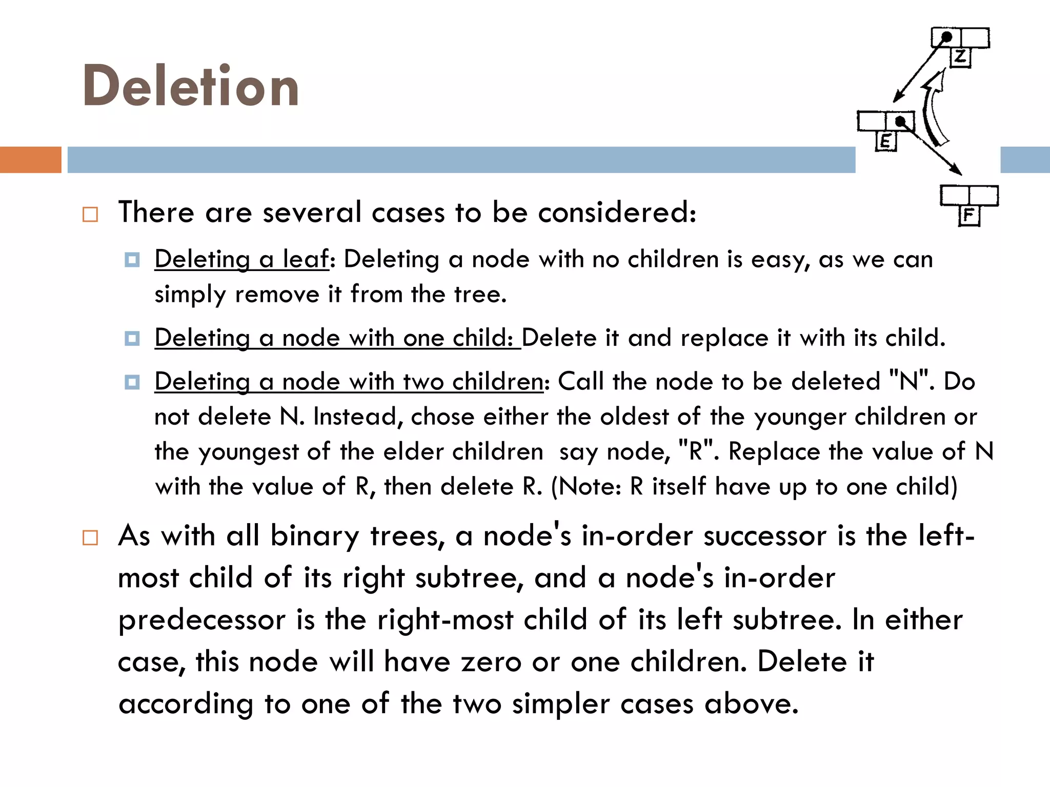 Deletion
   There are several cases to be considered:
       Deleting a leaf: Deleting a node with no children is easy, as we can
        simply remove it from the tree.
       Deleting a node with one child: Delete it and replace it with its child.
       Deleting a node with two children: Call the node to be deleted "N". Do
        not delete N. Instead, chose either the oldest of the younger children or
        the youngest of the elder children say node, "R". Replace the value of N
        with the value of R, then delete R. (Note: R itself have up to one child)
   As with all binary trees, a node's in-order successor is the left-
    most child of its right subtree, and a node's in-order
    predecessor is the right-most child of its left subtree. In either
    case, this node will have zero or one children. Delete it
    according to one of the two simpler cases above.
 