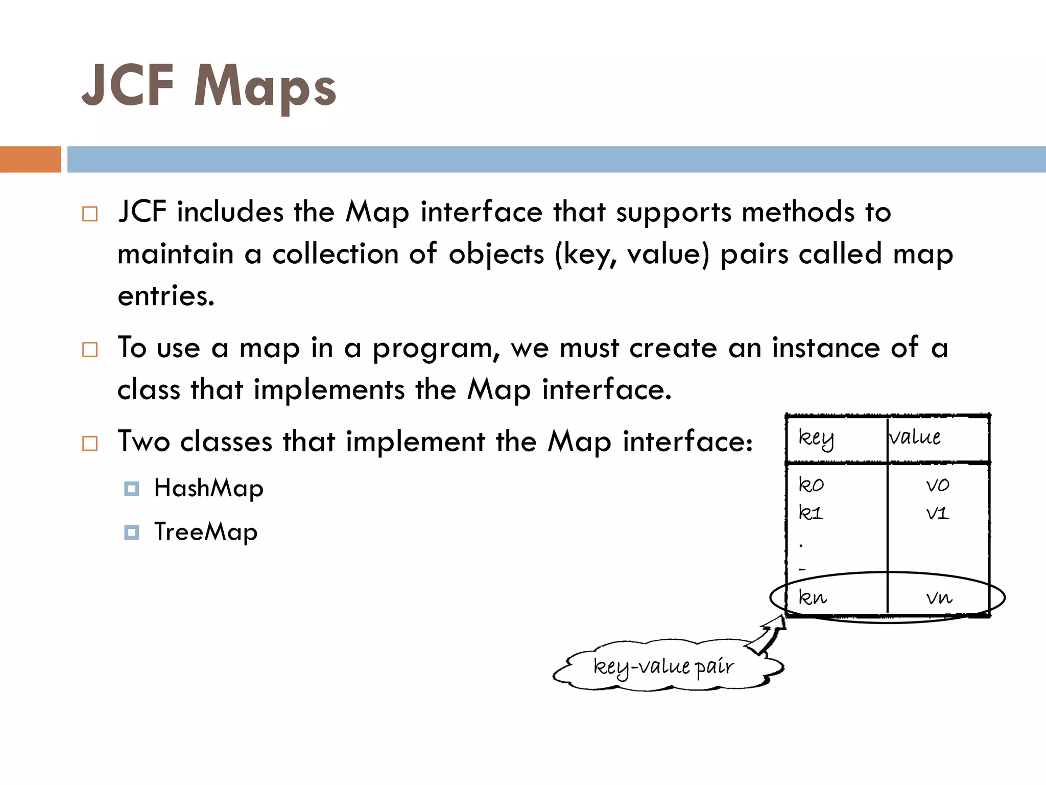 JCF Maps
   JCF includes the Map interface that supports methods to
    maintain a collection of objects (key, value) pairs called map
    entries.
   To use a map in a program, we must create an instance of a
    class that implements the Map interface.
   Two classes that implement the Map interface: key          value

       HashMap                                          k0      v0
                                                         k1      v1
       TreeMap                                          .
                                                         -
                                                         kn      vn

                                        key-value pair
 