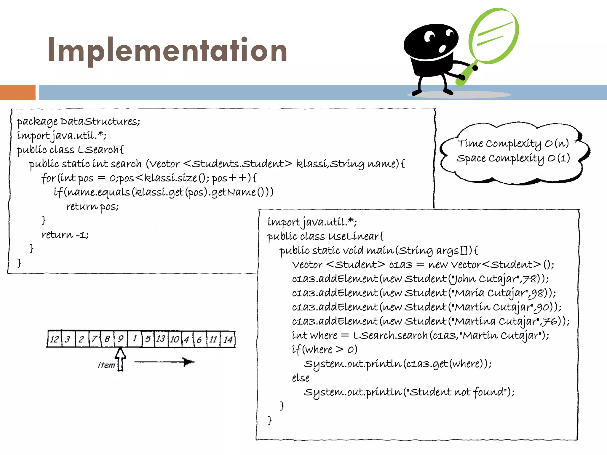 Implementation
package DataStructures;
import java.util.*;
                                                                                      Time Complexity O(n)
public class LSearch{
  public static int search (Vector <Students.Student> klassi,String name){            Space Complexity O(1)
     for(int pos = 0;pos<klassi.size(); pos++){
        if(name.equals(klassi.get(pos).getName()))
           return pos;
     }                                           import java.util.*;
     return -1;                                  public class UseLinear{
  }                                                public static void main(String args[]){
}                                                     Vector <Student> c1a3 = new Vector<Student>();
                                                      c1a3.addElement(new Student("John Cutajar",78));
                                                      c1a3.addElement(new Student("Maria Cutajar",98));
                                                      c1a3.addElement(new Student("Martin Cutajar",90));
                                                      c1a3.addElement(new Student("Martina Cutajar",76));
                                                      int where = LSearch.search(c1a3,"Martin Cutajar");
                                                      if(where > 0)
                                                         System.out.println(c1a3.get(where));
                                                      else
                                                         System.out.println("Student not found");
                                                   }
                                                 }
 