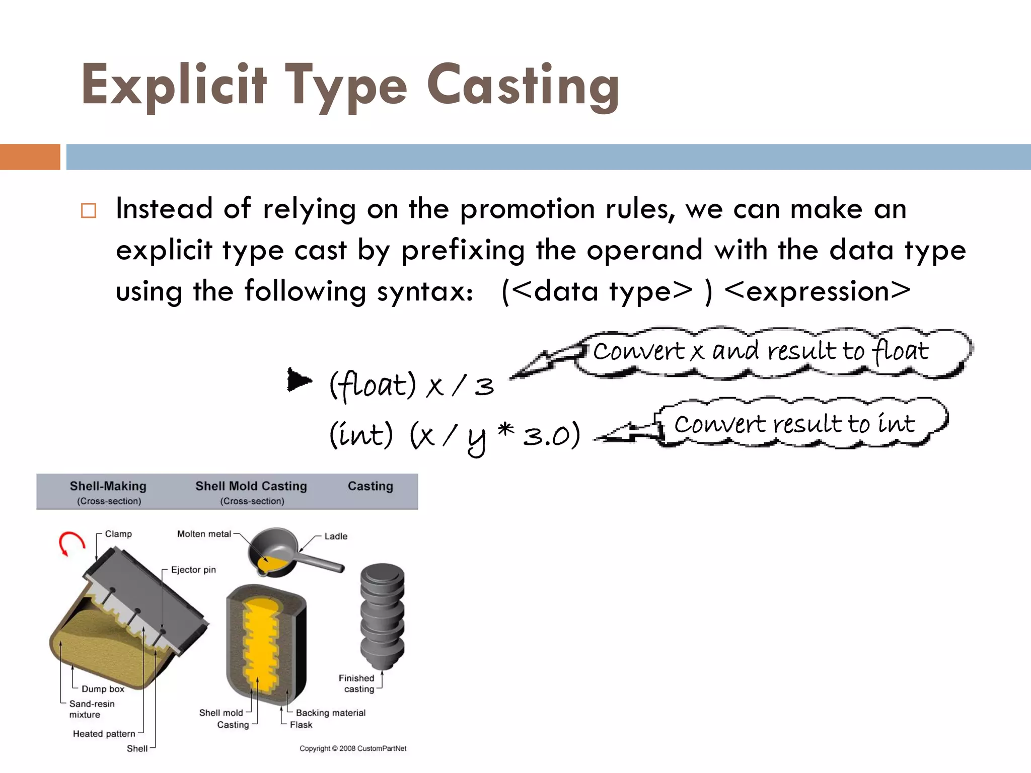 Explicit Type Casting
   Instead of relying on the promotion rules, we can make an
    explicit type cast by prefixing the operand with the data type
    using the following syntax: (<data type> ) <expression>
                                         Convert x and result to float
                   (float) x / 3
                   (int) (x / y * 3.0)          Convert result to int
 