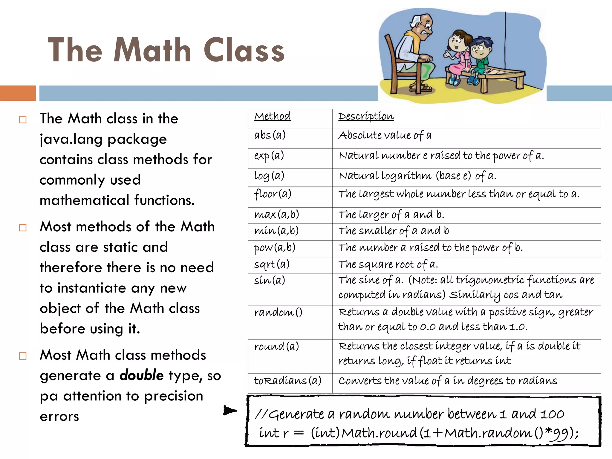The Math Class
   The Math class in the        Method         Description

    java.lang package            abs(a)         Absolute value of a

    contains class methods for   exp(a)         Natural number e raised to the power of a.

    commonly used                log(a)         Natural logarithm (base e) of a.
                                 floor(a)       The largest whole number less than or equal to a.
    mathematical functions.
                                 max(a,b)       The larger of a and b.
   Most methods of the Math     min(a,b)       The smaller of a and b
    class are static and         pow(a,b)       The number a raised to the power of b.
    therefore there is no need   sqrt(a)        The square root of a.
                                 sin(a)         The sine of a. (Note: all trigonometric functions are
    to instantiate any new                      computed in radians) Similarly cos and tan
    object of the Math class     random()       Returns a double value with a positive sign, greater
    before using it.                            than or equal to 0.0 and less than 1.0.
                                 round(a)       Returns the closest integer value, if a is double it
   Most Math class methods                     returns long, if float it returns int
    generate a double type, so   toRadians(a)   Converts the value of a in degrees to radians
    pa attention to precision
    errors                       //Generate a random number between 1 and 100
                                  int r = (int)Math.round(1+Math.random()*99);
 