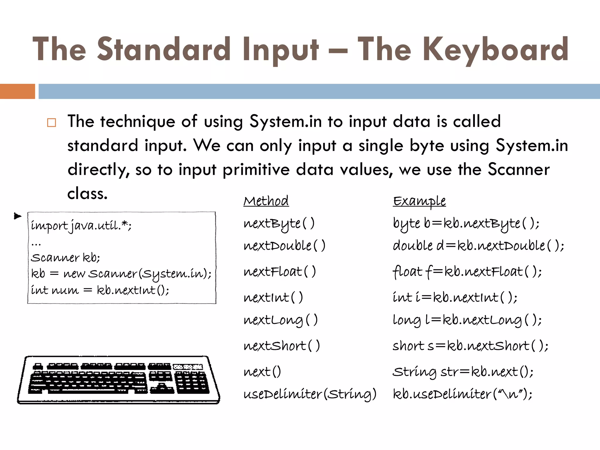 The Standard Input – The Keyboard
     The technique of using System.in to input data is called
      standard input. We can only input a single byte using System.in
      directly, so to input primitive data values, we use the Scanner
      class.                   Method             Example
import java.util.*;            nextByte( )           byte b=kb.nextByte( );
…                              nextDouble( )         double d=kb.nextDouble( );
Scanner kb;
kb = new Scanner(System.in);   nextFloat( )          float f=kb.nextFloat( );
int num = kb.nextInt();
                               nextInt( )            int i=kb.nextInt( );
                               nextLong( )           long l=kb.nextLong( );
                               nextShort( )          short s=kb.nextShort( );
                               next()               String str=kb.next();
                               useDelimiter(String) kb.useDelimiter(“n”);
 