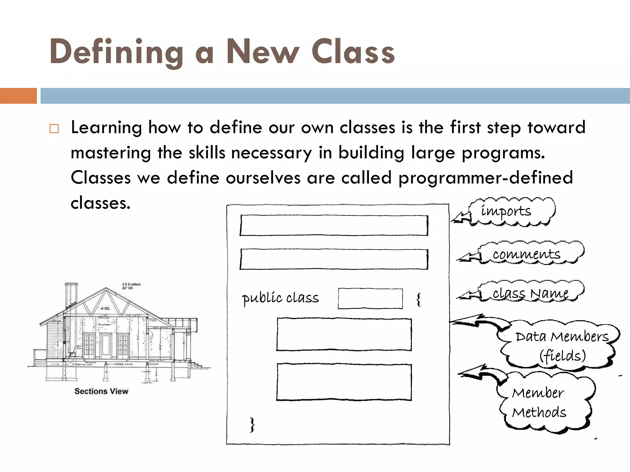 Defining a New Class
   Learning how to define our own classes is the first step toward
    mastering the skills necessary in building large programs.
    Classes we define ourselves are called programmer-defined
    classes.                                           imports

                                                       comments

                         public class         {        class Name

                                                          Data Members
                                                             (fields)

                                                         Member
                                                         Methods
                          }
 
