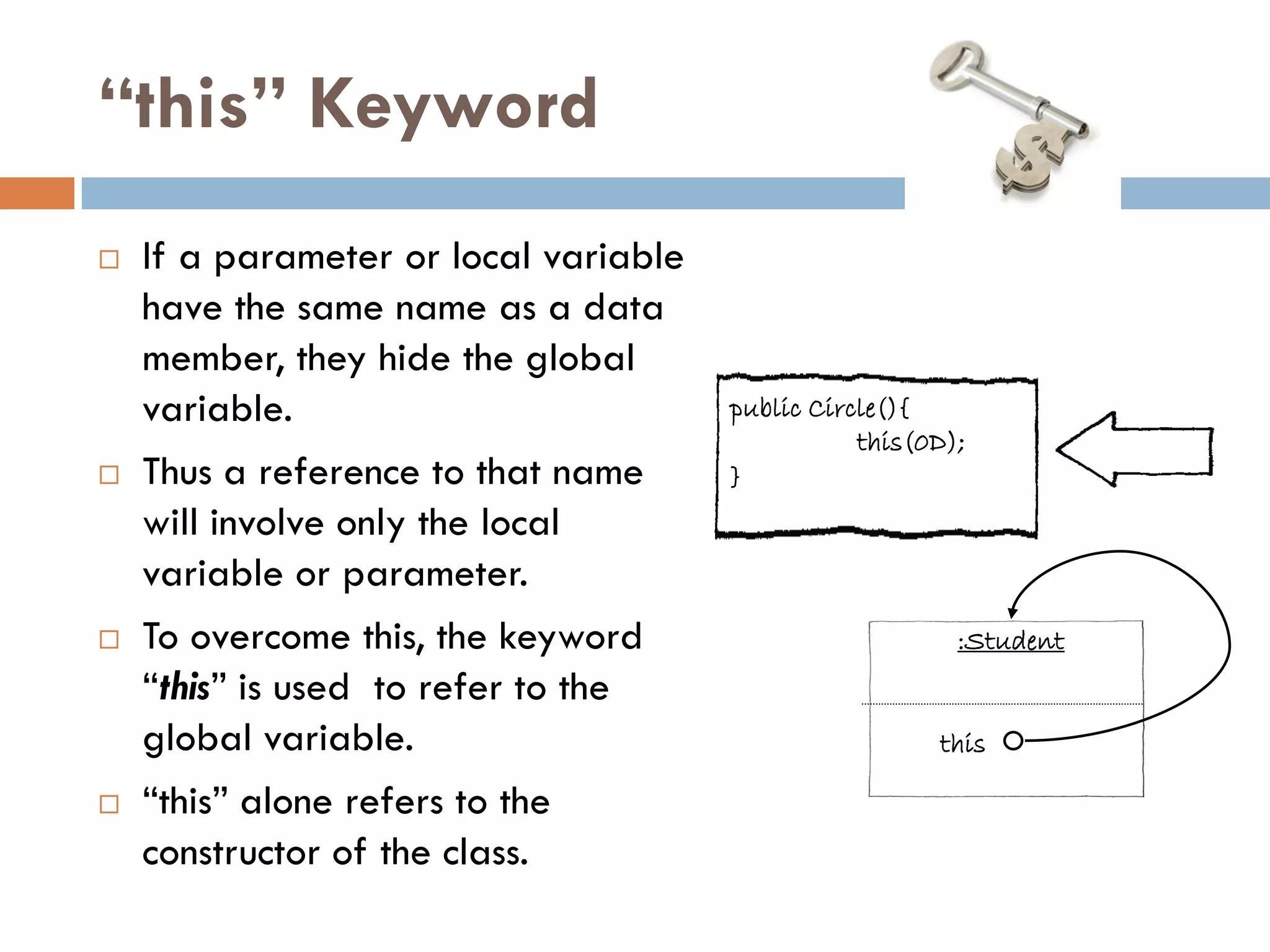 “this” Keyword
   If a parameter or local variable
    have the same name as a data
    member, they hide the global
    variable.                          public Circle(){
                                                  this(0D);
   Thus a reference to that name      }
    will involve only the local
    variable or parameter.
   To overcome this, the keyword                         :Student
    ―this‖ is used to refer to the
    global variable.                                    this

   ―this‖ alone refers to the
    constructor of the class.
 