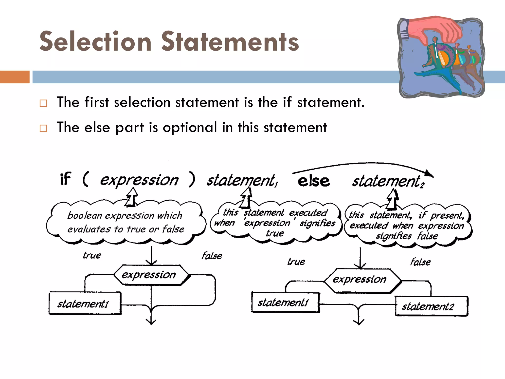 Selection Statements
   The first selection statement is the if statement.
   The else part is optional in this statement
 