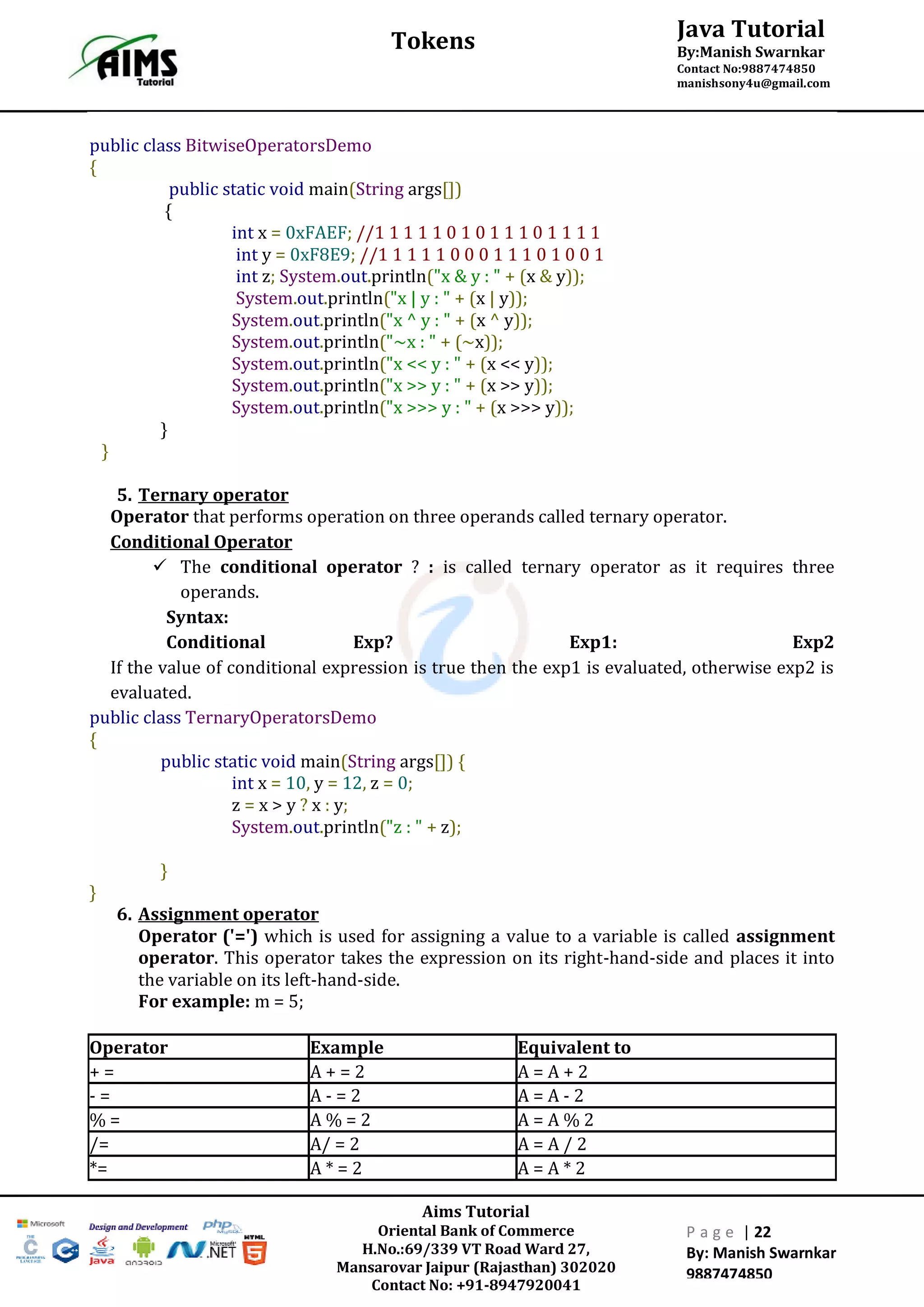 Aims Tutorial
Oriental Bank of Commerce
H.No.:69/339 VT Road Ward 27,
Mansarovar Jaipur (Rajasthan) 302020
Contact No: +91-8947920041
P a g e | 22
By: Manish Swarnkar
9887474850
Java Tutorial
By:Manish Swarnkar
Contact No:9887474850
manishsony4u@gmail.com
Tokens
public class BitwiseOperatorsDemo
{
public static void main(String args[])
{
int x = 0xFAEF; //1 1 1 1 1 0 1 0 1 1 1 0 1 1 1 1
int y = 0xF8E9; //1 1 1 1 1 0 0 0 1 1 1 0 1 0 0 1
int z; System.out.println("x & y : " + (x & y));
System.out.println("x | y : " + (x | y));
System.out.println("x ^ y : " + (x ^ y));
System.out.println("~x : " + (~x));
System.out.println("x << y : " + (x << y));
System.out.println("x >> y : " + (x >> y));
System.out.println("x >>> y : " + (x >>> y));
}
}
5. Ternary operator
Operator that performs operation on three operands called ternary operator.
Conditional Operator
 The conditional operator ? : is called ternary operator as it requires three
operands.
Syntax:
Conditional Exp? Exp1: Exp2
If the value of conditional expression is true then the exp1 is evaluated, otherwise exp2 is
evaluated.
public class TernaryOperatorsDemo
{
public static void main(String args[]) {
int x = 10, y = 12, z = 0;
z = x > y ? x : y;
System.out.println("z : " + z);
}
}
6. Assignment operator
Operator ('=') which is used for assigning a value to a variable is called assignment
operator. This operator takes the expression on its right-hand-side and places it into
the variable on its left-hand-side.
For example: m = 5;
Operator Example Equivalent to
+ = A + = 2 A = A + 2
- = A - = 2 A = A - 2
% = A % = 2 A = A % 2
/= A/ = 2 A = A / 2
*= A * = 2 A = A * 2
 