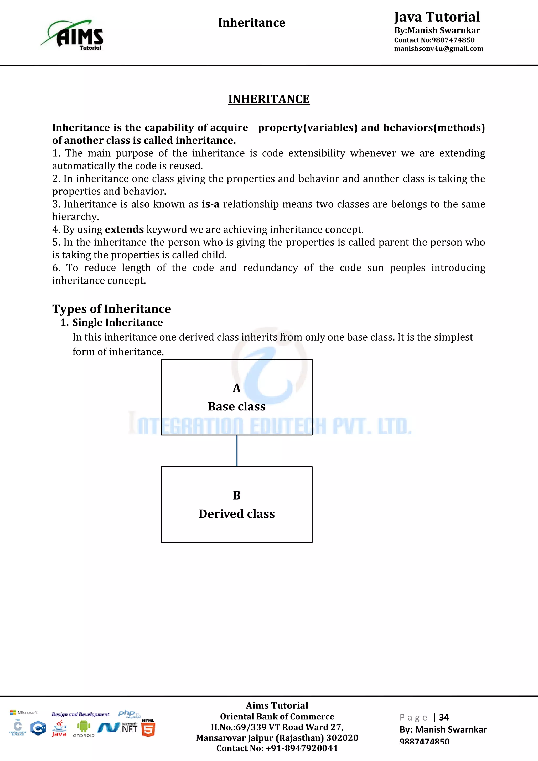 Aims Tutorial
Oriental Bank of Commerce
H.No.:69/339 VT Road Ward 27,
Mansarovar Jaipur (Rajasthan) 302020
Contact No: +91-8947920041
P a g e | 34
By: Manish Swarnkar
9887474850
Java Tutorial
By:Manish Swarnkar
Contact No:9887474850
manishsony4u@gmail.com
Inheritance
INHERITANCE
Inheritance is the capability of acquire property(variables) and behaviors(methods)
of another class is called inheritance.
1. The main purpose of the inheritance is code extensibility whenever we are extending
automatically the code is reused.
2. In inheritance one class giving the properties and behavior and another class is taking the
properties and behavior.
3. Inheritance is also known as is-a relationship means two classes are belongs to the same
hierarchy.
4. By using extends keyword we are achieving inheritance concept.
5. In the inheritance the person who is giving the properties is called parent the person who
is taking the properties is called child.
6. To reduce length of the code and redundancy of the code sun peoples introducing
inheritance concept.
Types of Inheritance
1. Single Inheritance
In this inheritance one derived class inherits from only one base class. It is the simplest
form of inheritance.
A
Base class
B
Derived class
 