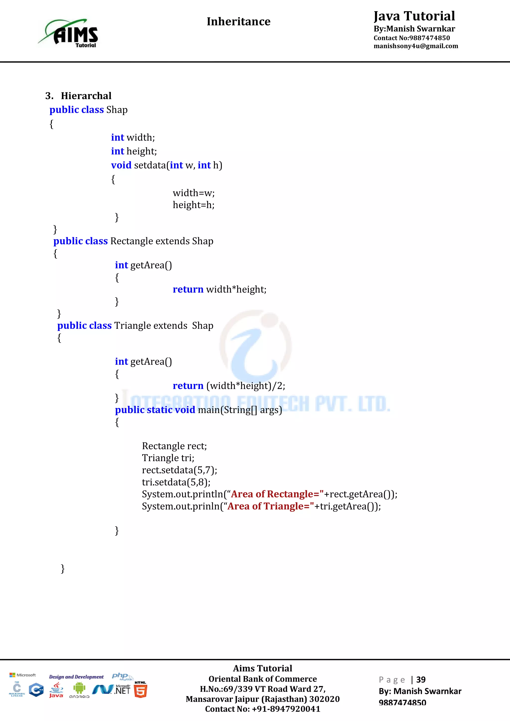 Aims Tutorial
Oriental Bank of Commerce
H.No.:69/339 VT Road Ward 27,
Mansarovar Jaipur (Rajasthan) 302020
Contact No: +91-8947920041
P a g e | 39
By: Manish Swarnkar
9887474850
Java Tutorial
By:Manish Swarnkar
Contact No:9887474850
manishsony4u@gmail.com
Inheritance
3. Hierarchal
public class Shap
{
int width;
int height;
void setdata(int w, int h)
{
width=w;
height=h;
}
}
public class Rectangle extends Shap
{
int getArea()
{
return width*height;
}
}
public class Triangle extends Shap
{
int getArea()
{
return (width*height)/2;
}
public static void main(String[] args)
{
Rectangle rect;
Triangle tri;
rect.setdata(5,7);
tri.setdata(5,8);
System.out.println(“Area of Rectangle="+rect.getArea());
System.out.prinln(“Area of Triangle="+tri.getArea());
}
}
 