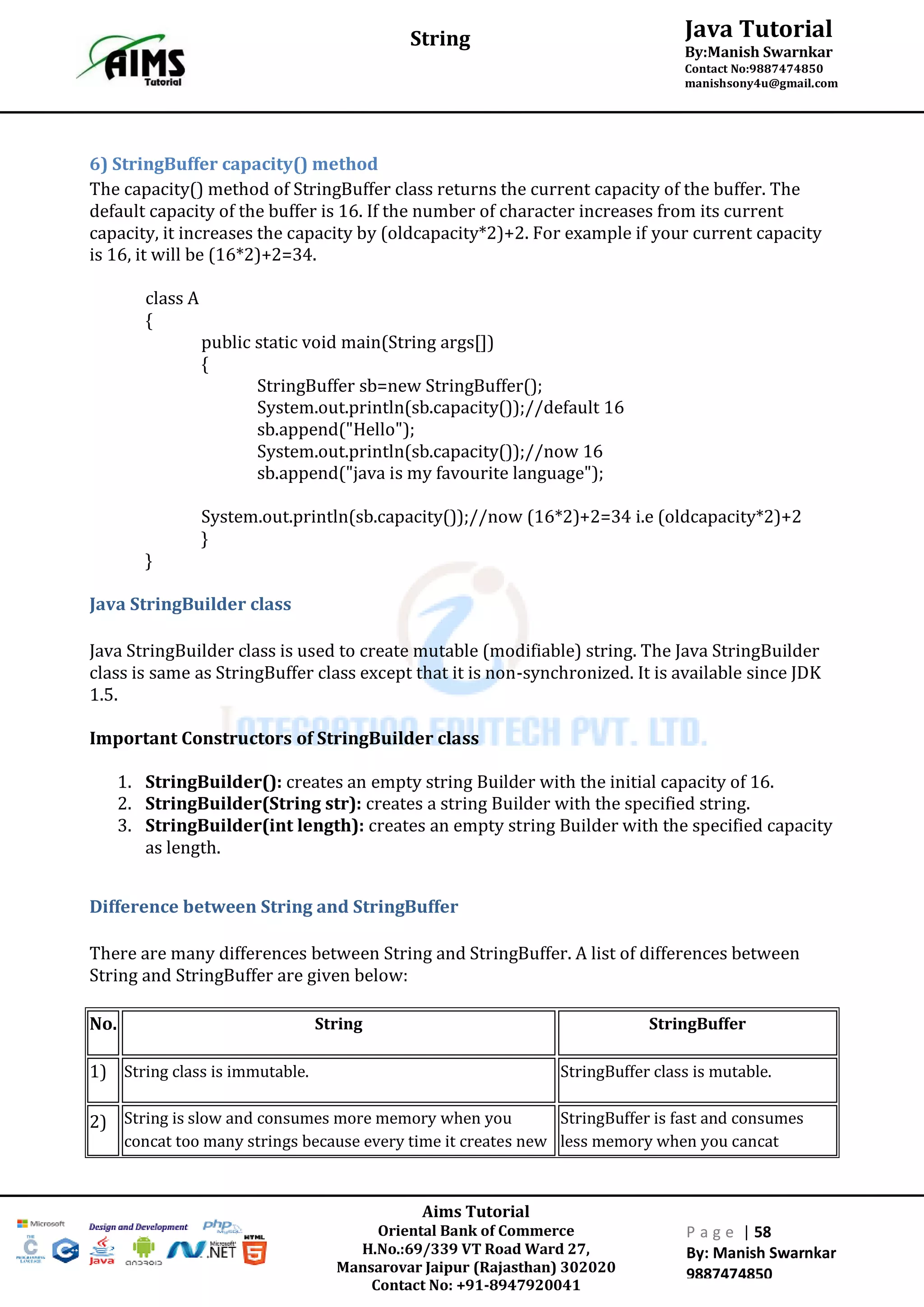 Aims Tutorial
Oriental Bank of Commerce
H.No.:69/339 VT Road Ward 27,
Mansarovar Jaipur (Rajasthan) 302020
Contact No: +91-8947920041
P a g e | 58
By: Manish Swarnkar
9887474850
Java Tutorial
By:Manish Swarnkar
Contact No:9887474850
manishsony4u@gmail.com
String
6) StringBuffer capacity() method
The capacity() method of StringBuffer class returns the current capacity of the buffer. The
default capacity of the buffer is 16. If the number of character increases from its current
capacity, it increases the capacity by (oldcapacity*2)+2. For example if your current capacity
is 16, it will be (16*2)+2=34.
class A
{
public static void main(String args[])
{
StringBuffer sb=new StringBuffer();
System.out.println(sb.capacity());//default 16
sb.append("Hello");
System.out.println(sb.capacity());//now 16
sb.append("java is my favourite language");
System.out.println(sb.capacity());//now (16*2)+2=34 i.e (oldcapacity*2)+2
}
}
Java StringBuilder class
Java StringBuilder class is used to create mutable (modifiable) string. The Java StringBuilder
class is same as StringBuffer class except that it is non-synchronized. It is available since JDK
1.5.
Important Constructors of StringBuilder class
1. StringBuilder(): creates an empty string Builder with the initial capacity of 16.
2. StringBuilder(String str): creates a string Builder with the specified string.
3. StringBuilder(int length): creates an empty string Builder with the specified capacity
as length.
Difference between String and StringBuffer
There are many differences between String and StringBuffer. A list of differences between
String and StringBuffer are given below:
No. String StringBuffer
1) String class is immutable. StringBuffer class is mutable.
2) String is slow and consumes more memory when you
concat too many strings because every time it creates new
StringBuffer is fast and consumes
less memory when you cancat
 