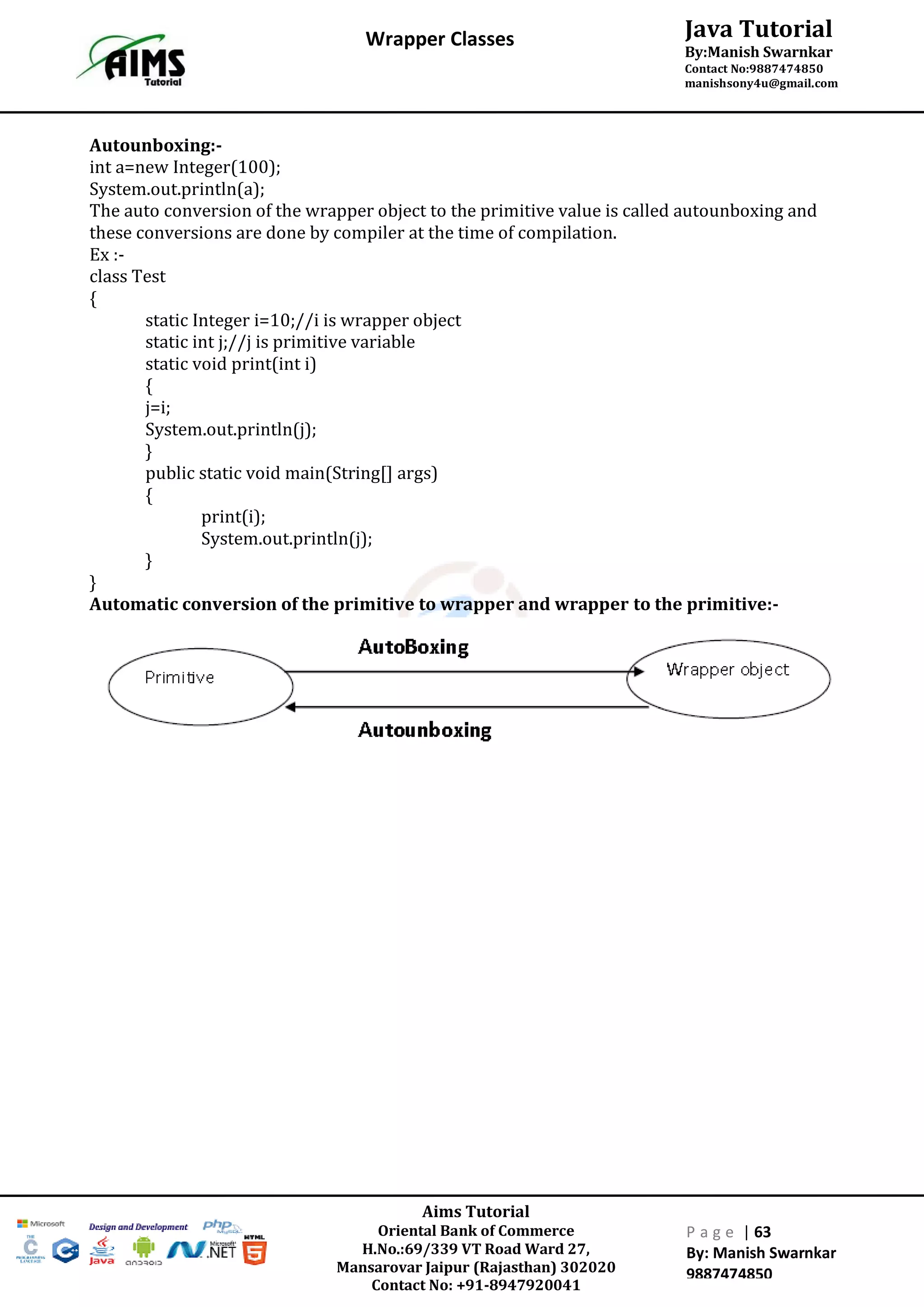 Aims Tutorial
Oriental Bank of Commerce
H.No.:69/339 VT Road Ward 27,
Mansarovar Jaipur (Rajasthan) 302020
Contact No: +91-8947920041
P a g e | 63
By: Manish Swarnkar
9887474850
Java Tutorial
By:Manish Swarnkar
Contact No:9887474850
manishsony4u@gmail.com
Wrapper Classes
Autounboxing:-
int a=new Integer(100);
System.out.println(a);
The auto conversion of the wrapper object to the primitive value is called autounboxing and
these conversions are done by compiler at the time of compilation.
Ex :-
class Test
{
static Integer i=10;//i is wrapper object
static int j;//j is primitive variable
static void print(int i)
{
j=i;
System.out.println(j);
}
public static void main(String[] args)
{
print(i);
System.out.println(j);
}
}
Automatic conversion of the primitive to wrapper and wrapper to the primitive:-
 