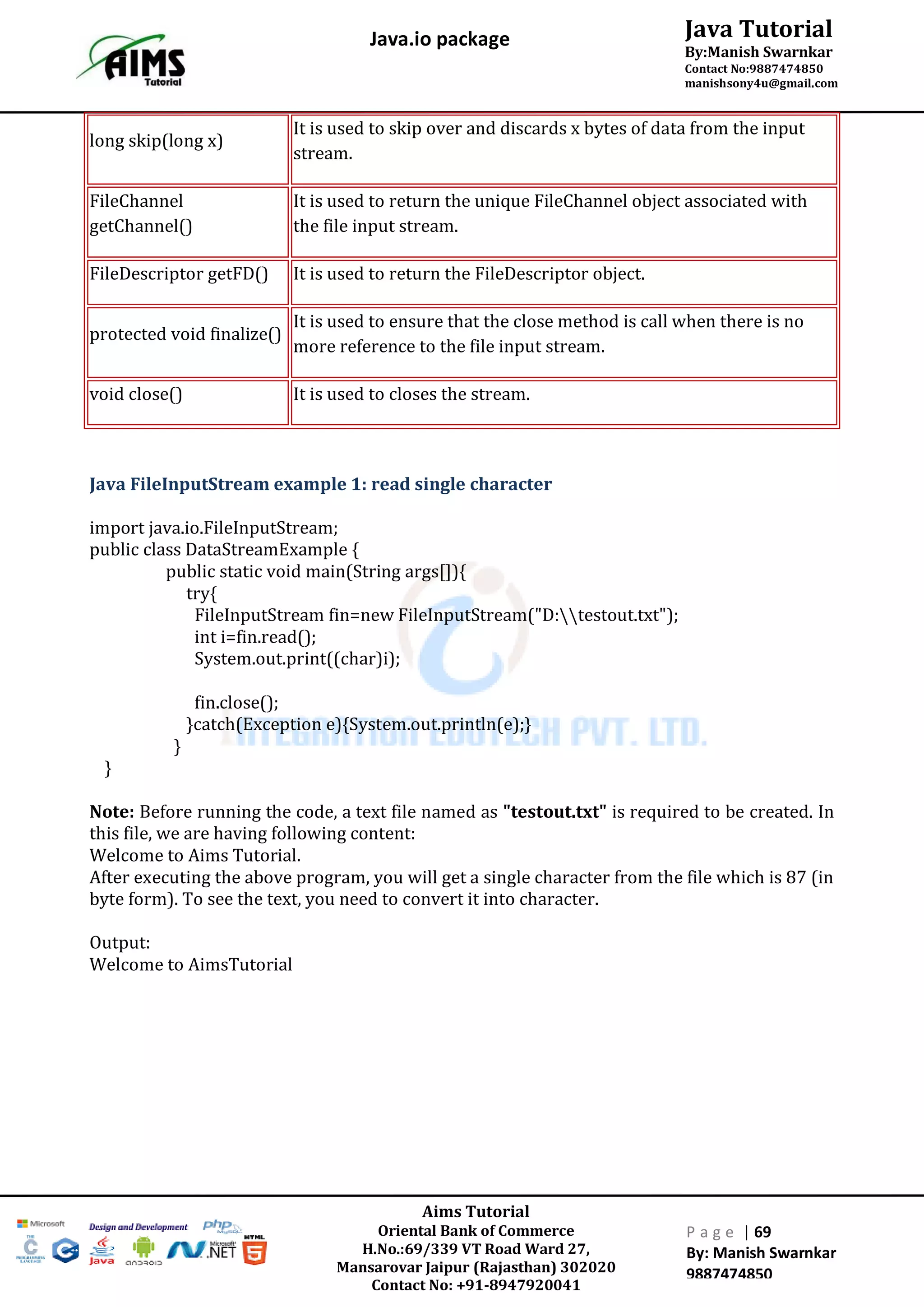 Aims Tutorial
Oriental Bank of Commerce
H.No.:69/339 VT Road Ward 27,
Mansarovar Jaipur (Rajasthan) 302020
Contact No: +91-8947920041
P a g e | 69
By: Manish Swarnkar
9887474850
Java Tutorial
By:Manish Swarnkar
Contact No:9887474850
manishsony4u@gmail.com
Java.io package
long skip(long x)
It is used to skip over and discards x bytes of data from the input
stream.
FileChannel
getChannel()
It is used to return the unique FileChannel object associated with
the file input stream.
FileDescriptor getFD() It is used to return the FileDescriptor object.
protected void finalize()
It is used to ensure that the close method is call when there is no
more reference to the file input stream.
void close() It is used to closes the stream.
Java FileInputStream example 1: read single character
import java.io.FileInputStream;
public class DataStreamExample {
public static void main(String args[]){
try{
FileInputStream fin=new FileInputStream("D:testout.txt");
int i=fin.read();
System.out.print((char)i);
fin.close();
}catch(Exception e){System.out.println(e);}
}
}
Note: Before running the code, a text file named as "testout.txt" is required to be created. In
this file, we are having following content:
Welcome to Aims Tutorial.
After executing the above program, you will get a single character from the file which is 87 (in
byte form). To see the text, you need to convert it into character.
Output:
Welcome to AimsTutorial
 