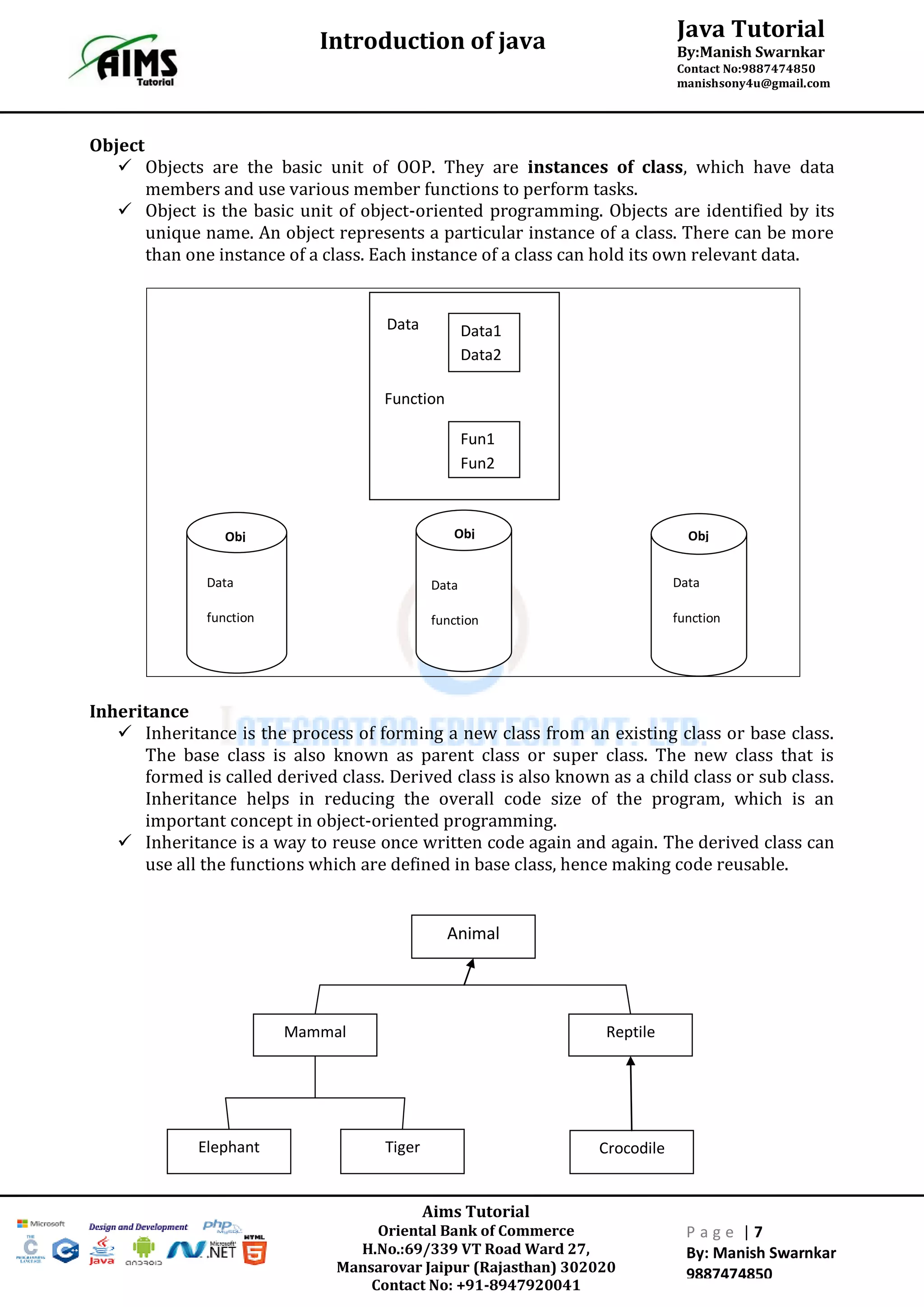 Java Tutorial
By:Manish Swarnkar
Contact No:9887474850
manishsony4u@gmail.com
Introduction of java
Aims Tutorial
Oriental Bank of Commerce
H.No.:69/339 VT Road Ward 27,
Mansarovar Jaipur (Rajasthan) 302020
Contact No: +91-8947920041
P a g e | 7
By: Manish Swarnkar
9887474850
Object
 Objects are the basic unit of OOP. They are instances of class, which have data
members and use various member functions to perform tasks.
 Object is the basic unit of object-oriented programming. Objects are identified by its
unique name. An object represents a particular instance of a class. There can be more
than one instance of a class. Each instance of a class can hold its own relevant data.
Inheritance
 Inheritance is the process of forming a new class from an existing class or base class.
The base class is also known as parent class or super class. The new class that is
formed is called derived class. Derived class is also known as a child class or sub class.
Inheritance helps in reducing the overall code size of the program, which is an
important concept in object-oriented programming.
 Inheritance is a way to reuse once written code again and again. The derived class can
use all the functions which are defined in base class, hence making code reusable.
Animal
Mammal Reptile
Elephant Tiger Crocodile
Data1
Data2
Fun1
Fun2
Data
Function
Obj
2
Obj
1
Data
function
Data
function
Obj
3
Data
function
 