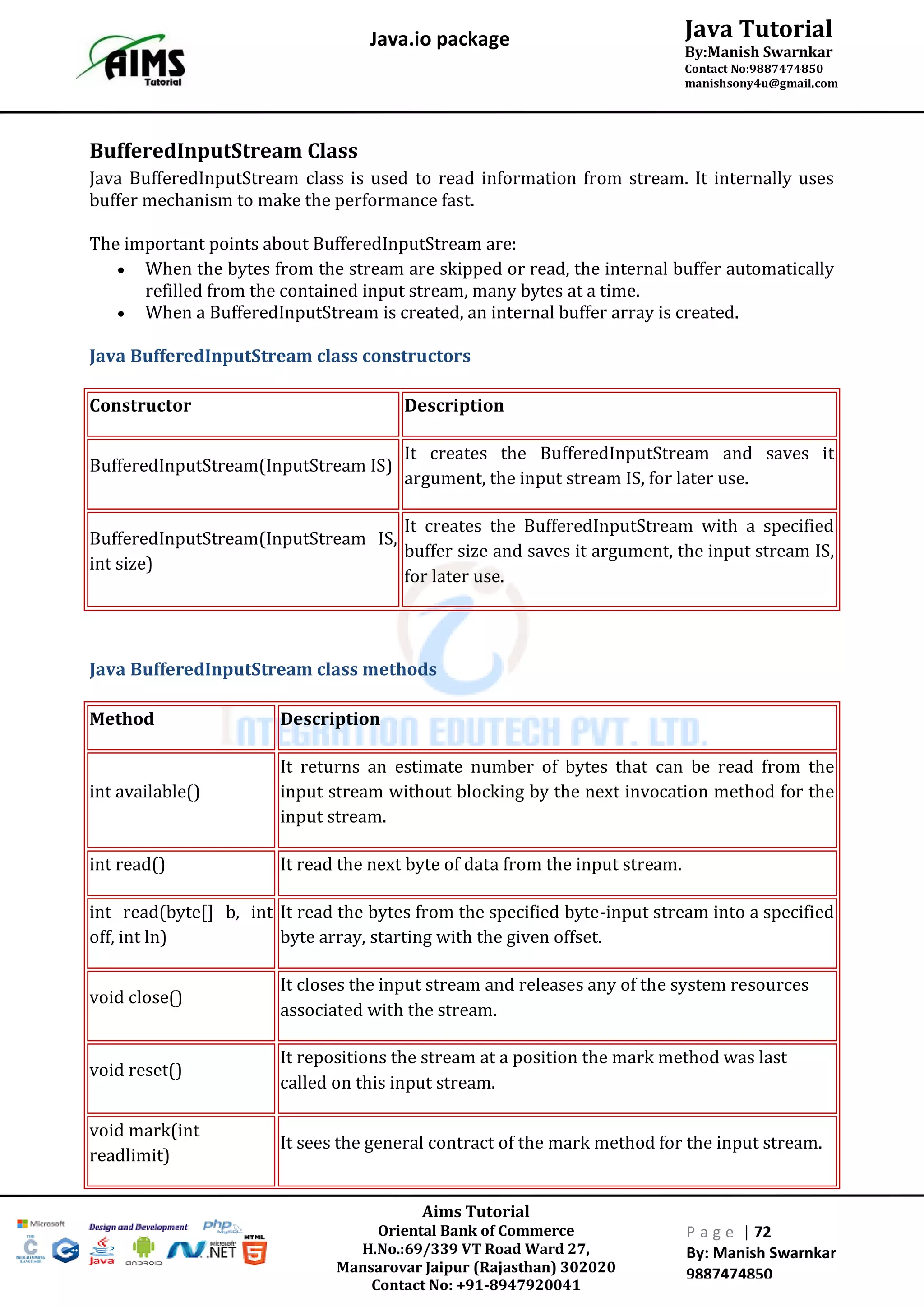 Aims Tutorial
Oriental Bank of Commerce
H.No.:69/339 VT Road Ward 27,
Mansarovar Jaipur (Rajasthan) 302020
Contact No: +91-8947920041
P a g e | 72
By: Manish Swarnkar
9887474850
Java Tutorial
By:Manish Swarnkar
Contact No:9887474850
manishsony4u@gmail.com
Java.io package
BufferedInputStream Class
Java BufferedInputStream class is used to read information from stream. It internally uses
buffer mechanism to make the performance fast.
The important points about BufferedInputStream are:
 When the bytes from the stream are skipped or read, the internal buffer automatically
refilled from the contained input stream, many bytes at a time.
 When a BufferedInputStream is created, an internal buffer array is created.
Java BufferedInputStream class constructors
Constructor Description
BufferedInputStream(InputStream IS)
It creates the BufferedInputStream and saves it
argument, the input stream IS, for later use.
BufferedInputStream(InputStream IS,
int size)
It creates the BufferedInputStream with a specified
buffer size and saves it argument, the input stream IS,
for later use.
Java BufferedInputStream class methods
Method Description
int available()
It returns an estimate number of bytes that can be read from the
input stream without blocking by the next invocation method for the
input stream.
int read() It read the next byte of data from the input stream.
int read(byte[] b, int
off, int ln)
It read the bytes from the specified byte-input stream into a specified
byte array, starting with the given offset.
void close()
It closes the input stream and releases any of the system resources
associated with the stream.
void reset()
It repositions the stream at a position the mark method was last
called on this input stream.
void mark(int
readlimit)
It sees the general contract of the mark method for the input stream.
 