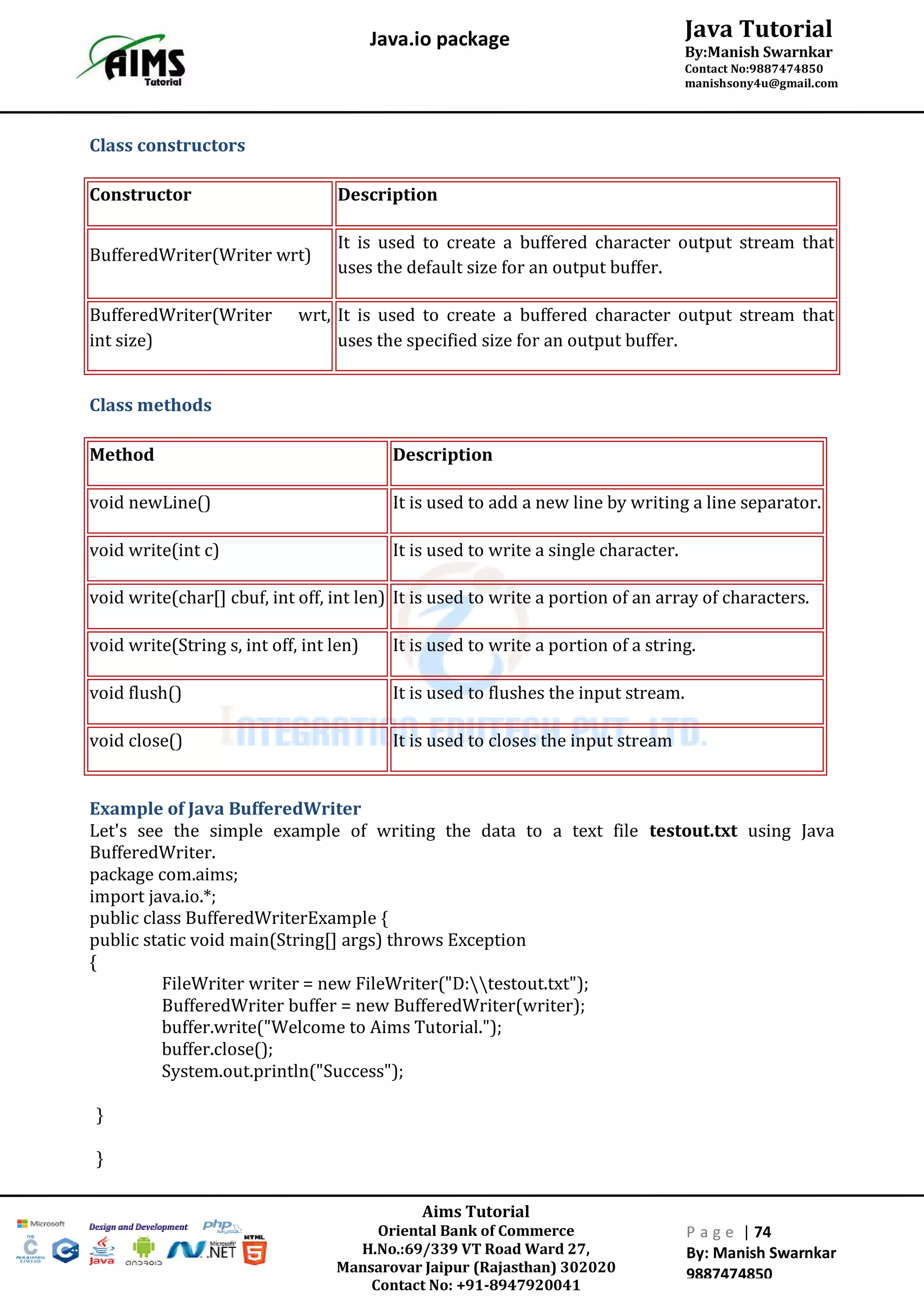 Aims Tutorial
Oriental Bank of Commerce
H.No.:69/339 VT Road Ward 27,
Mansarovar Jaipur (Rajasthan) 302020
Contact No: +91-8947920041
P a g e | 74
By: Manish Swarnkar
9887474850
Java Tutorial
By:Manish Swarnkar
Contact No:9887474850
manishsony4u@gmail.com
Java.io package
Class constructors
Constructor Description
BufferedWriter(Writer wrt)
It is used to create a buffered character output stream that
uses the default size for an output buffer.
BufferedWriter(Writer wrt,
int size)
It is used to create a buffered character output stream that
uses the specified size for an output buffer.
Class methods
Method Description
void newLine() It is used to add a new line by writing a line separator.
void write(int c) It is used to write a single character.
void write(char[] cbuf, int off, int len) It is used to write a portion of an array of characters.
void write(String s, int off, int len) It is used to write a portion of a string.
void flush() It is used to flushes the input stream.
void close() It is used to closes the input stream
Example of Java BufferedWriter
Let's see the simple example of writing the data to a text file testout.txt using Java
BufferedWriter.
package com.aims;
import java.io.*;
public class BufferedWriterExample {
public static void main(String[] args) throws Exception
{
FileWriter writer = new FileWriter("D:testout.txt");
BufferedWriter buffer = new BufferedWriter(writer);
buffer.write("Welcome to Aims Tutorial.");
buffer.close();
System.out.println("Success");
}
}
 