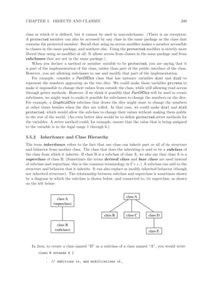 CHAPTER 5. OBJECTS AND CLASSES 200
class in which it is deﬁned, but it cannot be used in non-subclasses. (There is an exception:
A protected member can also be accessed by any class in the same package as the class that
contains the protected member. Recall that using no access modiﬁer makes a member accessible
to classes in the same package, and nowhere else. Using the protected modiﬁer is strictly more
liberal than using no modiﬁer at all: It allows access from classes in the same package and from
subclasses that are not in the same package.)
When you declare a method or member variable to be protected, you are saying that it
is part of the implementation of the class, rather than part of the public interface of the class.
However, you are allowing subclasses to use and modify that part of the implementation.
For example, consider a PairOfDice class that has instance variables die1 and die2 to
represent the numbers appearing on the two dice. We could make those variables private to
make it impossible to change their values from outside the class, while still allowing read access
through getter methods. However, if we think it possible that PairOfDice will be used to create
subclasses, we might want to make it possible for subclasses to change the numbers on the dice.
For example, a GraphicalDice subclass that draws the dice might want to change the numbers
at other times besides when the dice are rolled. In that case, we could make die1 and die2
protected, which would allow the subclass to change their values without making them public
to the rest of the world. (An even better idea would be to deﬁne protected setter methods for
the variables. A setter method could, for example, ensure that the value that is being assigned
to the variable is in the legal range 1 through 6.)
5.5.2 Inheritance and Class Hierarchy
The term inheritance refers to the fact that one class can inherit part or all of its structure
and behavior from another class. The class that does the inheriting is said to be a subclass of
the class from which it inherits. If class B is a subclass of class A, we also say that class A is a
superclass of class B. (Sometimes the terms derived class and base class are used instead
of subclass and superclass; this is the common terminology in C++.) A subclass can add to the
structure and behavior that it inherits. It can also replace or modify inherited behavior (though
not inherited structure). The relationship between subclass and superclass is sometimes shown
by a diagram in which the subclass is shown below, and connected to, its superclass, as shown
on the left below:
class A
class B class C class D
class E
class A
(superclass)
class B
(subclass)
In Java, to create a class named “B” as a subclass of a class named “A”, you would write
class B extends A {
.
. // additions to, and modifications of,
 