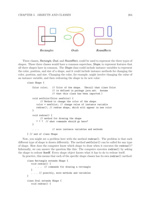 CHAPTER 5. OBJECTS AND CLASSES 204
Rectangles Ovals RoundRects
Three classes, Rectangle, Oval, and RoundRect, could be used to represent the three types of
shapes. These three classes would have a common superclass, Shape, to represent features that
all three shapes have in common. The Shape class could include instance variables to represent
the color, position, and size of a shape, and it could include instance methods for changing the
color, position, and size. Changing the color, for example, might involve changing the value of
an instance variable, and then redrawing the shape in its new color:
class Shape {
Color color; // Color of the shape. (Recall that class Color
// is defined in package java.awt. Assume
// that this class has been imported.)
void setColor(Color newColor) {
// Method to change the color of the shape.
color = newColor; // change value of instance variable
redraw(); // redraw shape, which will appear in new color
}
void redraw() {
// method for drawing the shape
? ? ? // what commands should go here?
}
. . . // more instance variables and methods
} // end of class Shape
Now, you might see a problem here with the method redraw(). The problem is that each
diﬀerent type of shape is drawn diﬀerently. The method setColor() can be called for any type
of shape. How does the computer know which shape to draw when it executes the redraw()?
Informally, we can answer the question like this: The computer executes redraw() by asking
the shape to redraw itself. Every shape object knows what it has to do to redraw itself.
In practice, this means that each of the speciﬁc shape classes has its own redraw() method:
class Rectangle extends Shape {
void redraw() {
. . . // commands for drawing a rectangle
}
. . . // possibly, more methods and variables
}
class Oval extends Shape {
void redraw() {
 
