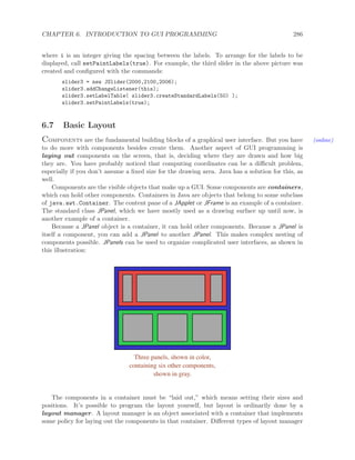 CHAPTER 6. INTRODUCTION TO GUI PROGRAMMING 286
where i is an integer giving the spacing between the labels. To arrange for the labels to be
displayed, call setPaintLabels(true). For example, the third slider in the above picture was
created and conﬁgured with the commands:
slider3 = new JSlider(2000,2100,2006);
slider3.addChangeListener(this);
slider3.setLabelTable( slider3.createStandardLabels(50) );
slider3.setPaintLabels(true);
6.7 Basic Layout
Components are the fundamental building blocks of a graphical user interface. But you have (online)
to do more with components besides create them. Another aspect of GUI programming is
laying out components on the screen, that is, deciding where they are drawn and how big
they are. You have probably noticed that computing coordinates can be a diﬃcult problem,
especially if you don’t assume a ﬁxed size for the drawing area. Java has a solution for this, as
well.
Components are the visible objects that make up a GUI. Some components are containers,
which can hold other components. Containers in Java are objects that belong to some subclass
of java.awt.Container. The content pane of a JApplet or JFrame is an example of a container.
The standard class JPanel, which we have mostly used as a drawing surface up until now, is
another example of a container.
Because a JPanel object is a container, it can hold other components. Because a JPanel is
itself a component, you can add a JPanel to another JPanel. This makes complex nesting of
components possible. JPanels can be used to organize complicated user interfaces, as shown in
this illustration:
Three panels, shown in color,
containing six other components,
shown in gray.
The components in a container must be “laid out,” which means setting their sizes and
positions. It’s possible to program the layout yourself, but layout is ordinarily done by a
layout manager. A layout manager is an object associated with a container that implements
some policy for laying out the components in that container. Diﬀerent types of layout manager
 
