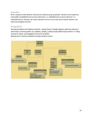 19
SortedSet
Set of unique & sorted elements. Elements are ordered using comparator. Elements must implement
comparable. headSet(Element e) returns elements <= e, tailSet(Element e) returns element >= e,
subset(Element e1, Element e2) returns elements from e1 to e2, first() returns lowest element, and
last() returns highest element.
NavigableSet
Extended SortedSet with addional methods – lower(), floor(), ceiling(), higher(), pollFirst(), pollLast() –
which help in searching within set. headset(), tailSet(), subset() accept additional parameters. In reality,
we have to always use NavigableSet and never SortedSet.
Below picture shows the available Set implementation classes -
 