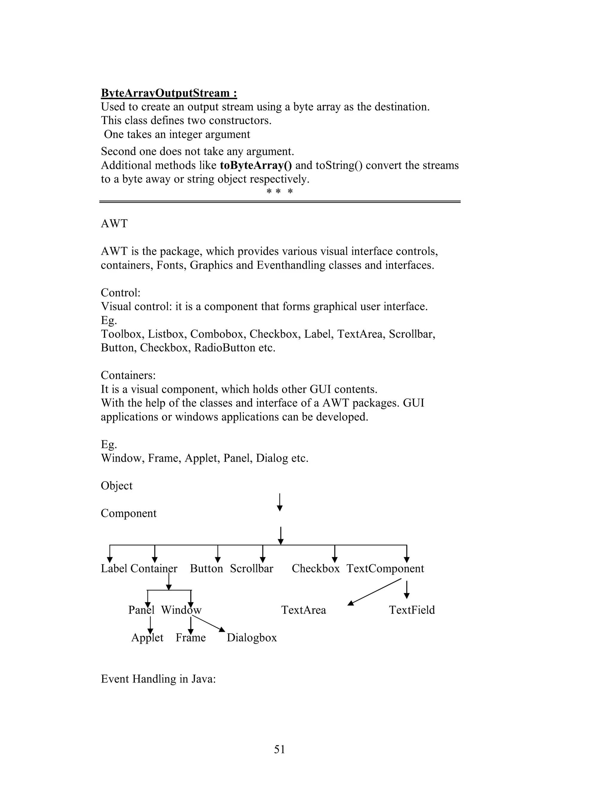 51
ByteArrayOutputStream :
Used to create an output stream using a byte array as the destination.
This class defines two constructors.
One takes an integer argument
Second one does not take any argument.
Additional methods like toByteArray() and toString() convert the streams
to a byte away or string object respectively.
* * *
AWT
AWT is the package, which provides various visual interface controls,
containers, Fonts, Graphics and Eventhandling classes and interfaces.
Control:
Visual control: it is a component that forms graphical user interface.
Eg.
Toolbox, Listbox, Combobox, Checkbox, Label, TextArea, Scrollbar,
Button, Checkbox, RadioButton etc.
Containers:
It is a visual component, which holds other GUI contents.
With the help of the classes and interface of a AWT packages. GUI
applications or windows applications can be developed.
Eg.
Window, Frame, Applet, Panel, Dialog etc.
Object
Component
Label Container Button Scrollbar Checkbox TextComponent
Panel Window TextArea TextField
Applet Frame Dialogbox
Event Handling in Java:
 