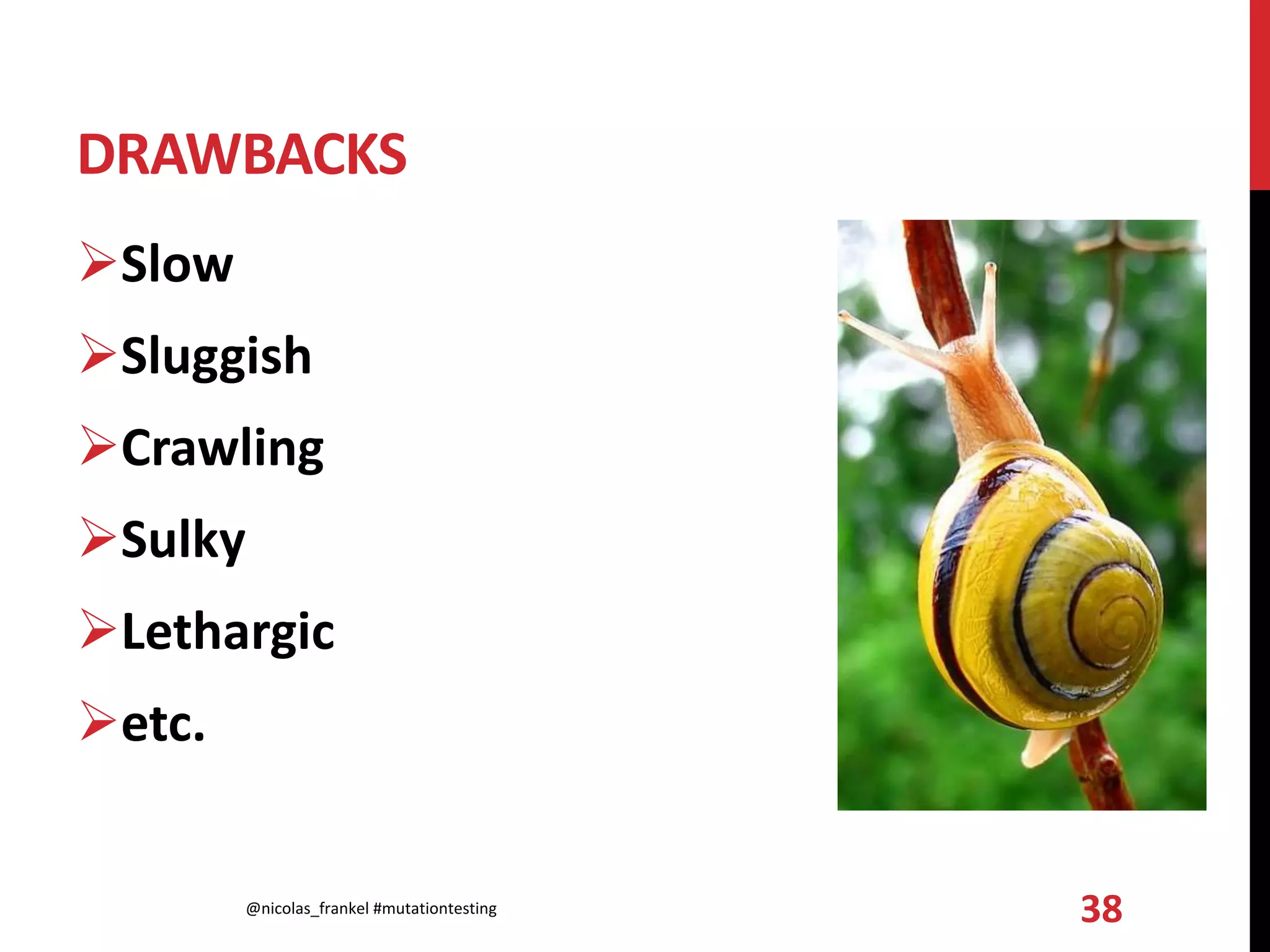 DRAWBACKS
Slow
Sluggish
Crawling
Sulky
Lethargic
etc.
@nicolas_frankel #mutationtesting 38
 