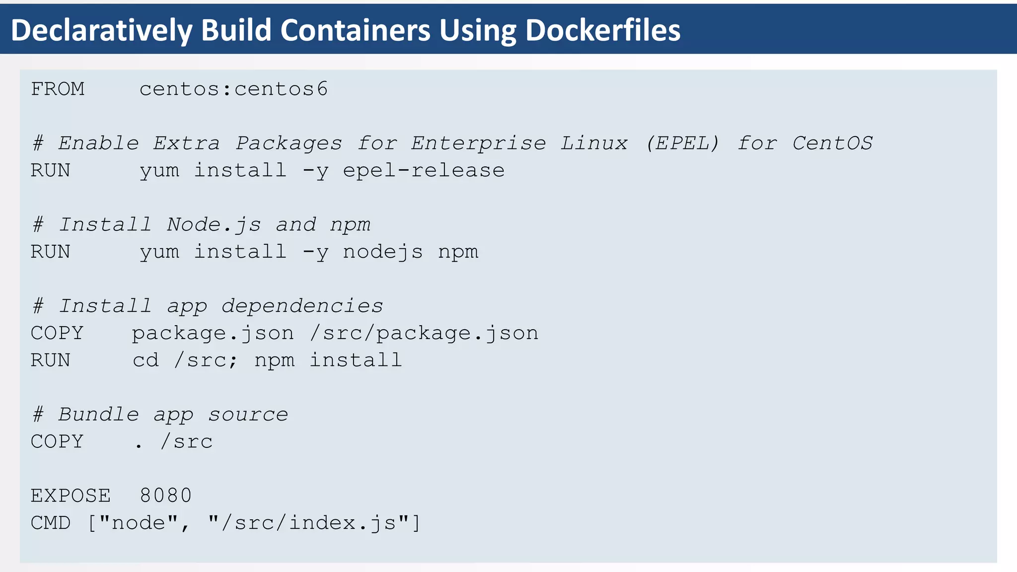 Declaratively Build Containers Using Dockerfiles
FROM centos:centos6
# Enable Extra Packages for Enterprise Linux (EPEL) for CentOS
RUN yum install -y epel-release
# Install Node.js and npm
RUN yum install -y nodejs npm
# Install app dependencies
COPY package.json /src/package.json
RUN cd /src; npm install
# Bundle app source
COPY . /src
EXPOSE 8080
CMD ["node", "/src/index.js"]
 