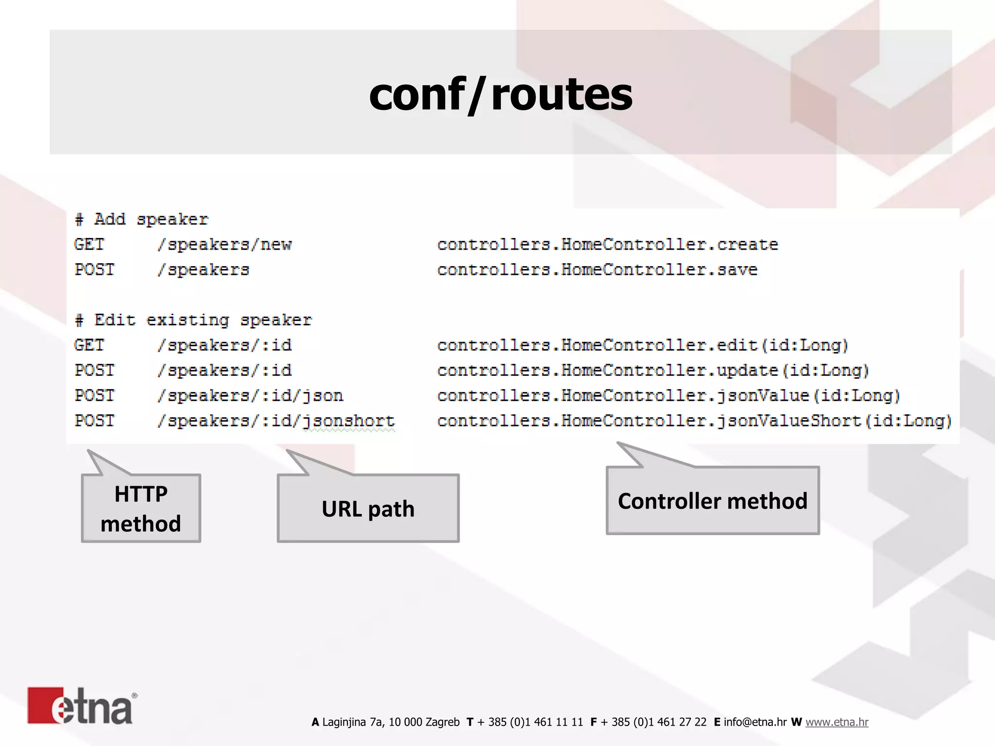 A Laginjina 7a, 10 000 Zagreb T + 385 (0)1 461 11 11 F + 385 (0)1 461 27 22 E info@etna.hr W www.etna.hr
conf/routes
HTTP
method
URL path Controller method
 