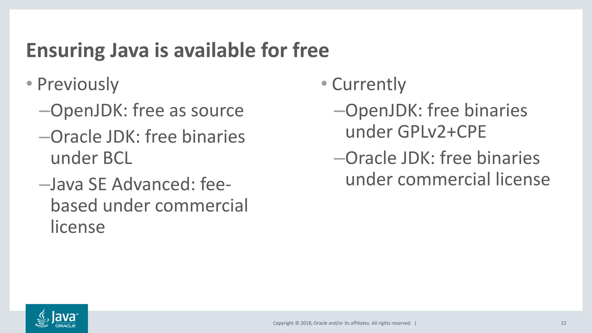 Copyright © 2018, Oracle and/or its affiliates. All rights reserved. |
Ensuring Java is available for free
• Previously
–OpenJDK: free as source
–Oracle JDK: free binaries
under BCL
–Java SE Advanced: fee-
based under commercial
license
12
• Currently
–OpenJDK: free binaries
under GPLv2+CPE
–Oracle JDK: free binaries
under commercial license
 