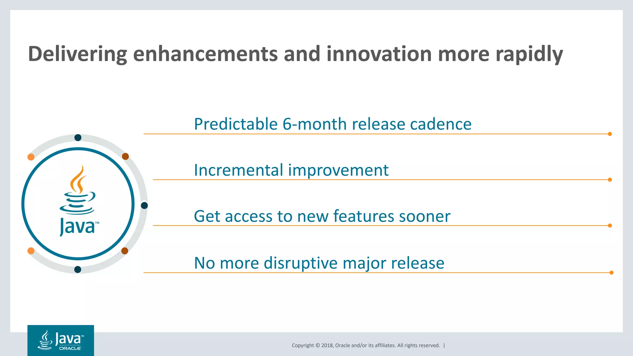Copyright © 2018, Oracle and/or its affiliates. All rights reserved. |
Delivering enhancements and innovation more rapidly
Predictable 6-month release cadence
Incremental improvement
Get access to new features sooner
No more disruptive major release
 