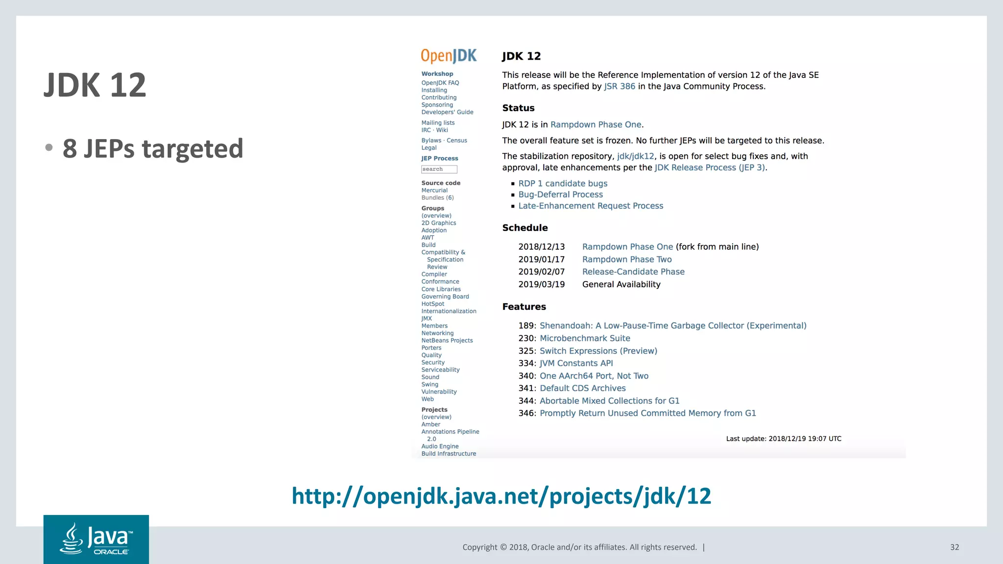Copyright © 2018, Oracle and/or its affiliates. All rights reserved. |
JDK 12
• 8 JEPs targeted
32
http://openjdk.java.net/projects/jdk/12
 