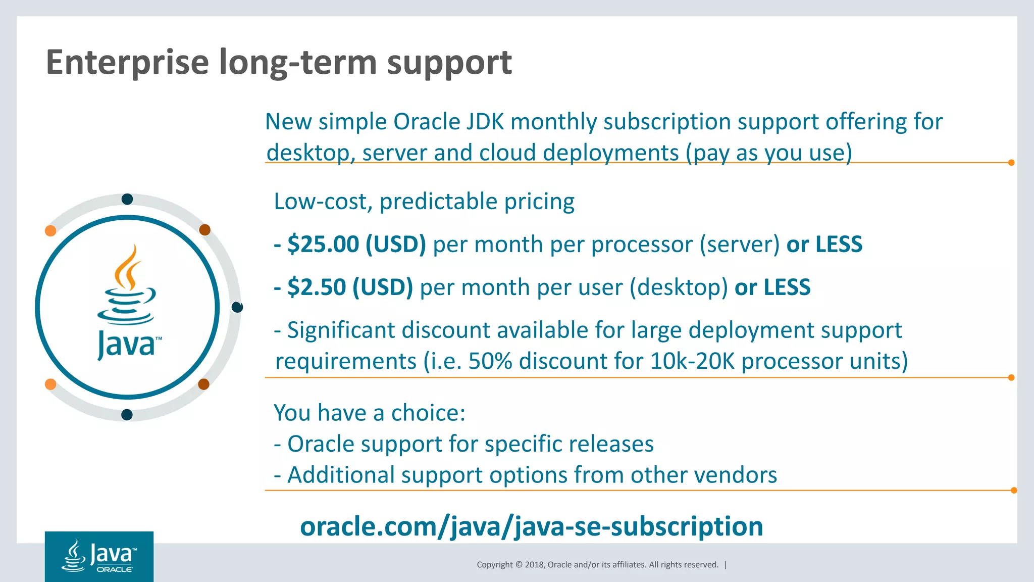 Copyright © 2018, Oracle and/or its affiliates. All rights reserved. |
Enterprise long-term support
New simple Oracle JDK monthly subscription support offering for
desktop, server and cloud deployments (pay as you use)
You have a choice:
- Oracle support for specific releases
- Additional support options from other vendors
oracle.com/java/java-se-subscription
Low-cost, predictable pricing
- $25.00 (USD) per month per processor (server) or LESS
- $2.50 (USD) per month per user (desktop) or LESS
- Significant discount available for large deployment support
requirements (i.e. 50% discount for 10k-20K processor units)
 