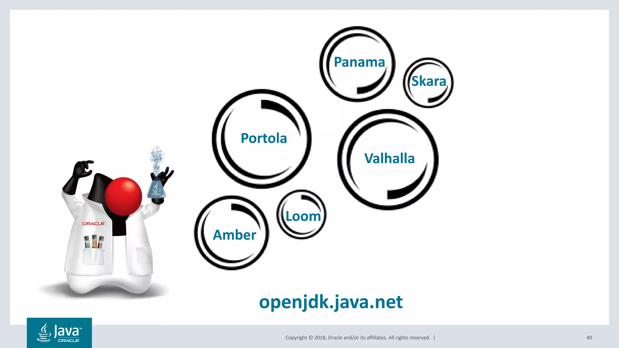 Copyright © 2018, Oracle and/or its affiliates. All rights reserved. |
Portola
Skara
Loom
Valhalla
Panama
Amber
40
openjdk.java.net
 