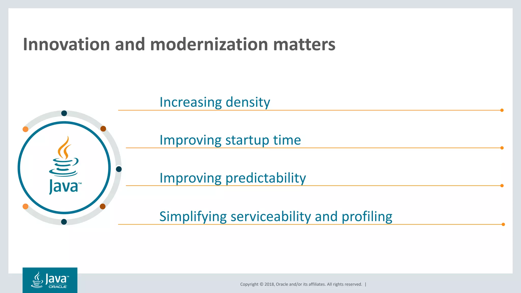 Copyright © 2018, Oracle and/or its affiliates. All rights reserved. |
Innovation and modernization matters
Increasing density
Improving startup time
Improving predictability
Simplifying serviceability and profiling
 