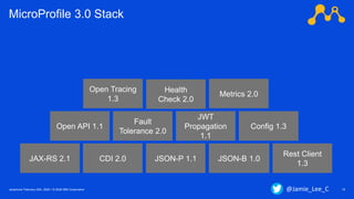 Javantura/ February 22th, 2020 / © 2020 IBM Corporation 16
MicroProfile 3.0 Stack
JSON-B 1.0JSON-P 1.1CDI 2.0
Config 1.3
Fault
Tolerance 2.0
JWT
Propagation
1.1
Health
Check 2.0
Metrics 2.0
Open Tracing
1.3
Open API 1.1
JAX-RS 2.1
Rest Client
1.3
@Jamie_Lee_C
 