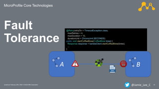 MicroProfile Core Technologies
23Javantura/ February 22th, 2020 / © 2020 IBM Corporation
Fault
Tolerance
A B
@Retry(retryOn = TimeoutException.class,
maxRetries = 4,
maxDuration = 10,
durationUnit = ChronoUnit.SECONDS)
public void startCoffeeBrew(CoffeeBrew brew) {
Response response = baristaClient.startCoffeeBrew(brew);
...
}
@Jamie_Lee_C
 
