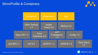 Javantura/ February 22th, 2020 / © 2020 IBM Corporation 30
MicroProfile & Containers
JSON-B 1.0JSON-P 1.1CDI 2.0
Config 1.3
Fault
Tolerance 2.0
JWT
Propagation
1.1
Health
Check 2.0
Metrics 2.0
Open Tracing
1.3
Open API 1.1
JAX-RS 2.1
Rest Client
1.3
Containers Kubernetes Istio
@Jamie_Lee_C
 