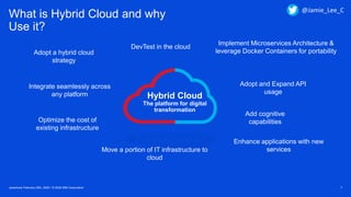 Javantura/ February 22th, 2020 / © 2020 IBM Corporation 7
What is Hybrid Cloud and why
Use it?
Hybrid Cloud
The platform for digital
transformation
Integrate seamlessly across
any platform
Add cognitive
capabilities
Adopt a hybrid cloud
strategy
Optimize the cost of
existing infrastructure
Implement Microservices Architecture &
leverage Docker Containers for portability
Enhance applications with new
services
Adopt and Expand API
usage
Move a portion of IT infrastructure to
cloud
DevTest in the cloud
@Jamie_Lee_C
 