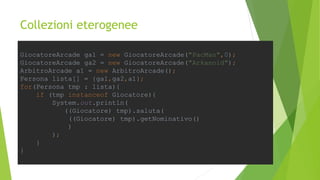 Collezioni eterogenee
GiocatoreArcade ga1 = new GiocatoreArcade("PacMan",0);
GiocatoreArcade ga2 = new GiocatoreArcade("Arkanoid");
ArbitroArcade a1 = new ArbitroArcade();
Persona lista[] = {ga1,ga2,a1};
for(Persona tmp : lista){
if (tmp instanceof Giocatore){
System.out.println(
((Giocatore) tmp).saluta(
((Giocatore) tmp).getNominativo()
)
);
}
}
 
