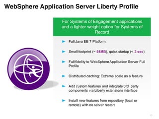 $ cf push MyAppName –p libertyDBApp.war
Tail Logs:
$ cf logs MyAppName
Past Logs:
$ cf logs MyAppName --recent
Command Line Interface to deploy and manage applications
Command line
 