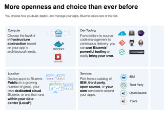 Agenda
• Bluemix Overview
• Java on Bluemix Cloud Foundry
• Deep Dive into Liberty buildpack
• Java on Bluemix Containers
• Cloud applications best practices
• Popular services for Java devs
• Questions
3
 
