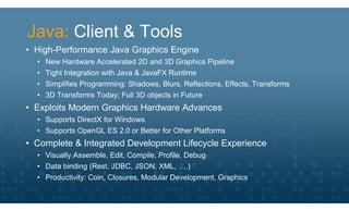 Java: Client & Tools
• High-Performance Java Graphics Engine
  •   New Hardware Accelerated 2D and 3D Graphics Pipeline
  •   Tight Integration with Java & JavaFX Runtime
  •   Simplifies Programming: Shadows, Blurs, Reflections, Effects, Transforms
  •   3D Transforms Today; Full 3D objects in Future
• Exploits Modern Graphics Hardware Advances
  • Supports DirectX for Windows
  • Supports OpenGL ES 2.0 or Better for Other Platforms
• Complete & Integrated Development Lifecycle Experience
  • Visually Assemble, Edit, Compile, Profile, Debug
  • Data binding (Rest, JDBC, JSON, XML, ….)
  • Productivity: Coin, Closures, Modular Development, Graphics
 