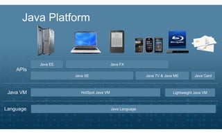 Java Platform



           Java EE                        Java FX
    APIs
                     Java SE                              Java TV & Java ME         Java Card



 Java VM                HotSpot Java VM                                 Lightweight Java VM



Language                                  Java Language
 