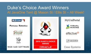 Duke’s Choice Award Winners
At JavaOne Tent @ Mason St / Ellis St – All Week!




                                    Case Systems
 