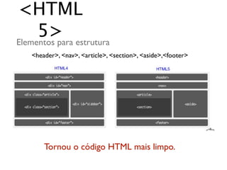 <HTML
     5> estrutura
Elementos para
  <header>, <nav>, <article>, <section>, <aside>,<footer>




      Tornou o código HTML mais limpo.
 