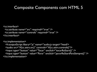 Composite Components com HTML 5



<cc:interface>
 <cc:atribute name=”src” required=”true” />
 <cc:atribute name=”controls” required=”true” />
</cc:interface>

<cc:implementation>
  <h:outputScript libary=”js” name=”audio.js target=”head/>
  <audio src=”#{cc.attrs.src}” controls=”#{cc.attrs.controls}”/>
  <input type=”button” value=”Tocar” onclick=”tocarReStart()” />
  <input type=”button” value=”Parar” onclick=”pararReStartParaSempre()” />
</cc:implementation>
 