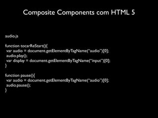 Composite Components com HTML 5


audio.js

function tocarReStart(){
 var audio = document.getElementByTagName(“audio”)[0];
 audio.play();
 var display = document.getElementByTagName(“input”)[0];
}

function pause(){
 var audio = document.getElementByTagName(“audio”)[0];
 audio.pause();
}
 